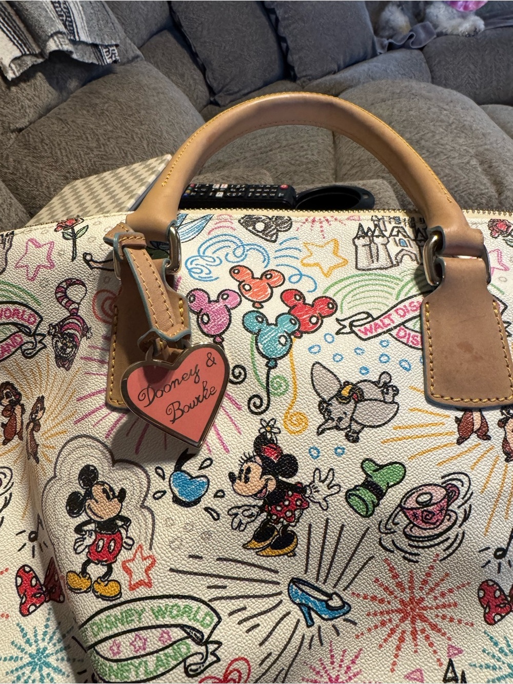 Dooney & Bourke Cream Multi-Color Disney Canvas Satchel with Tan Trim - Picture 2 of 6